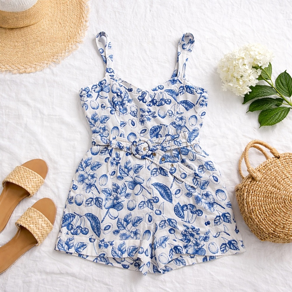 Christian Lacroix Romper Womens Large Blue White Fruit Print Belted Summer Toile